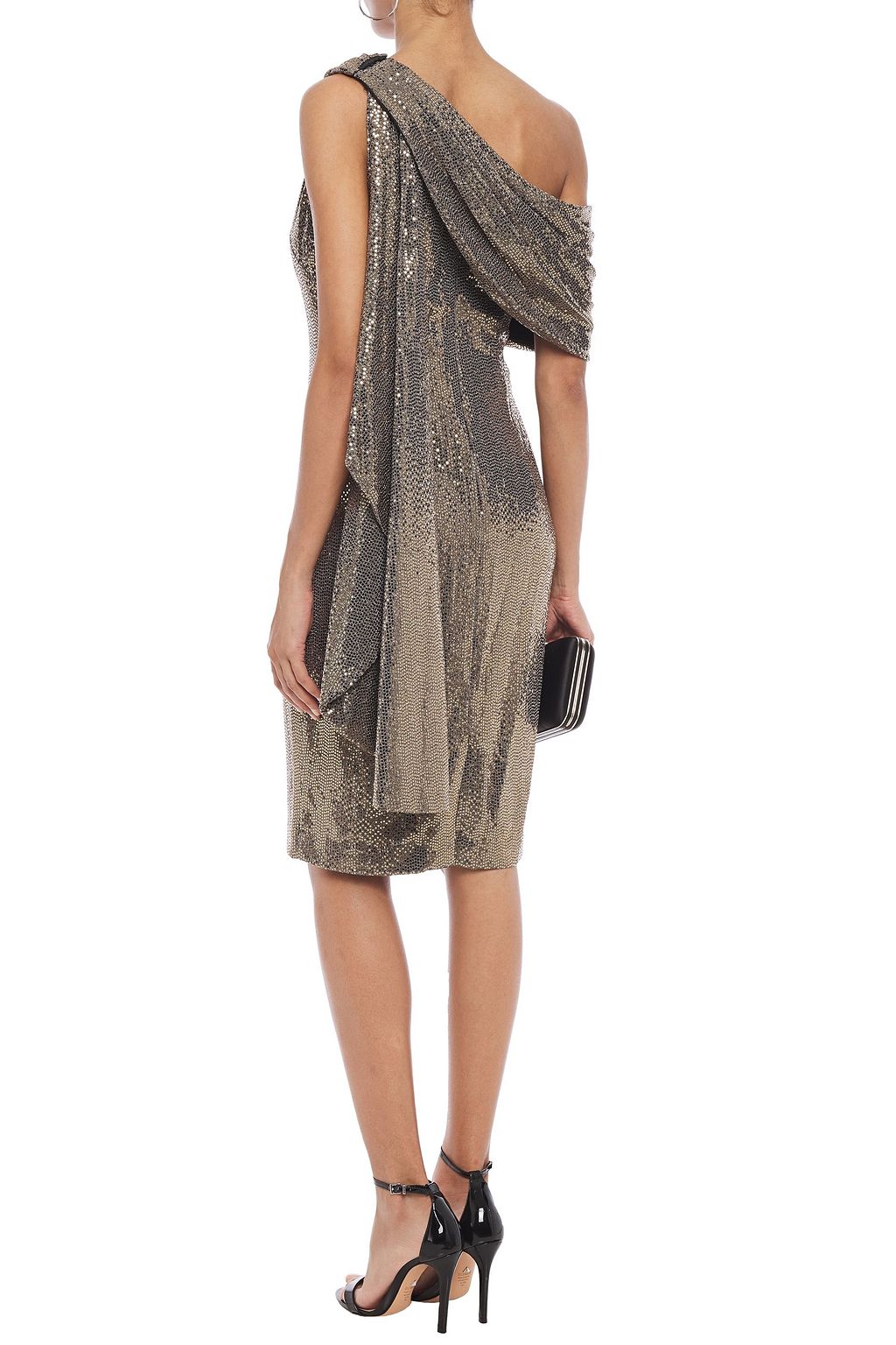 BADGLEY MISCHKA One-shoulder draped sequined metallic jersey dress