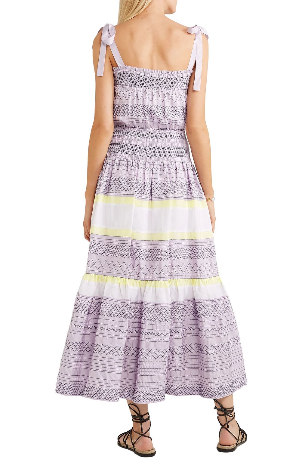 TORY BURCH Smocked embroidered striped silk midi dress