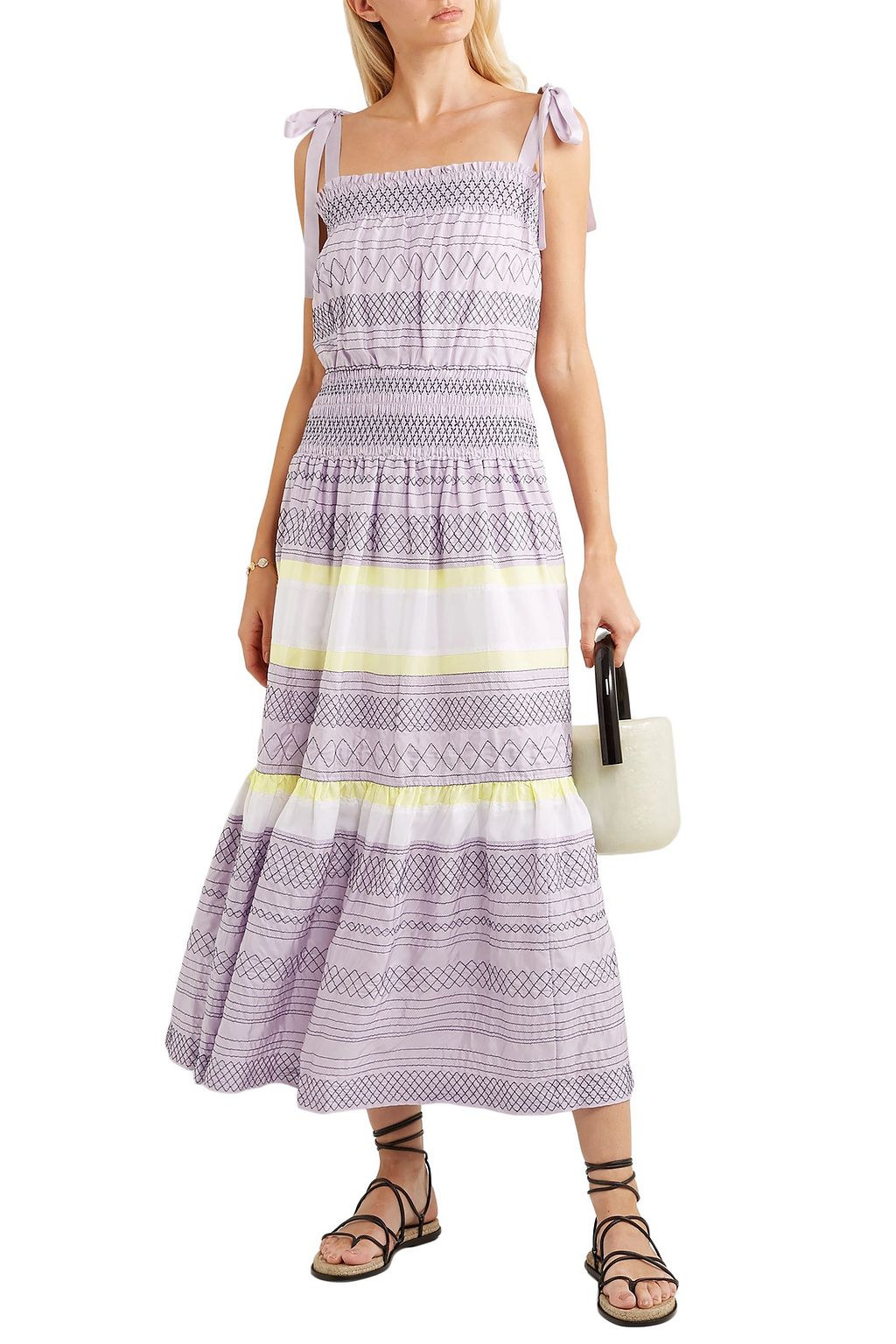 TORY BURCH Smocked embroidered striped silk midi dress