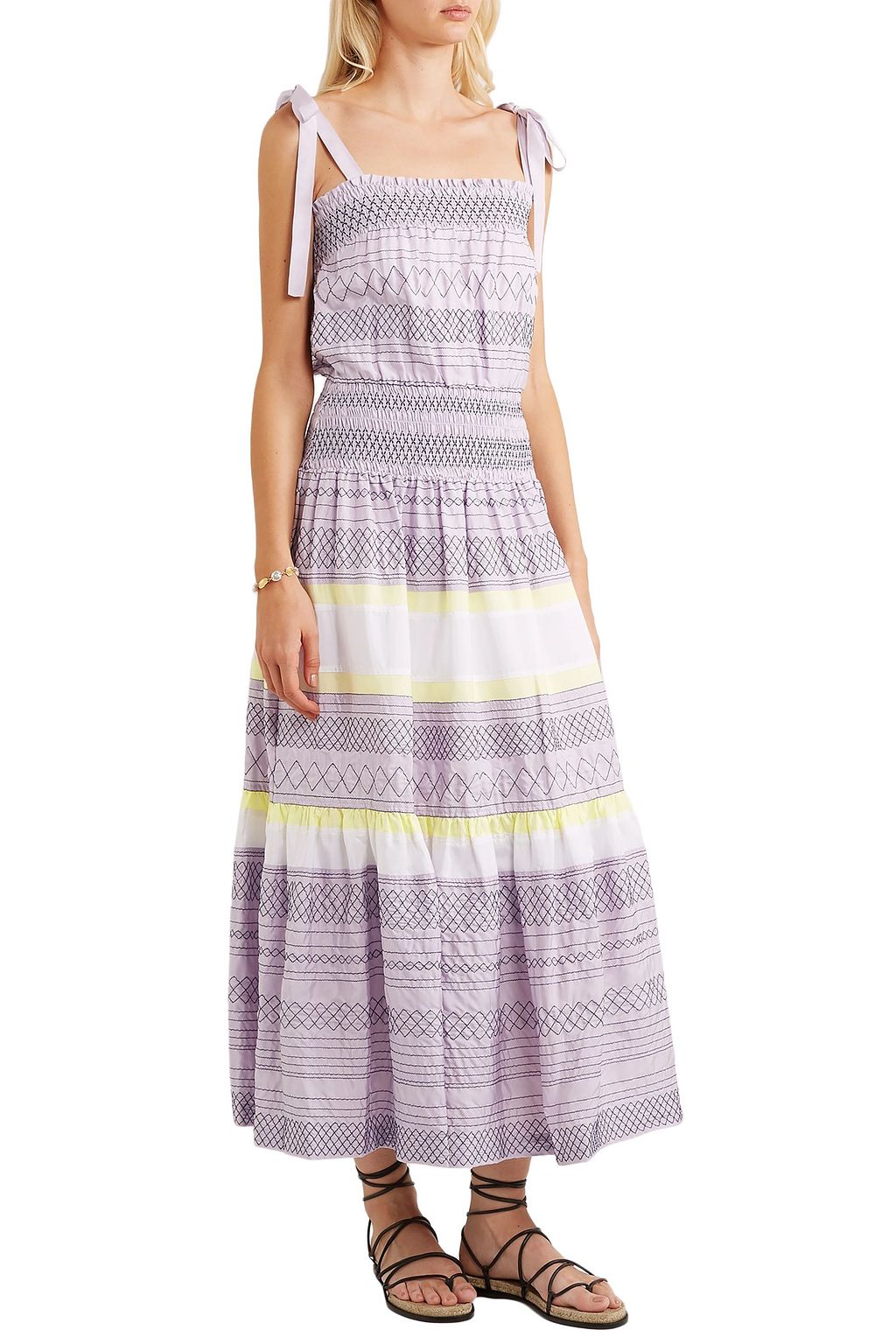 TORY BURCH Smocked embroidered striped silk midi dress