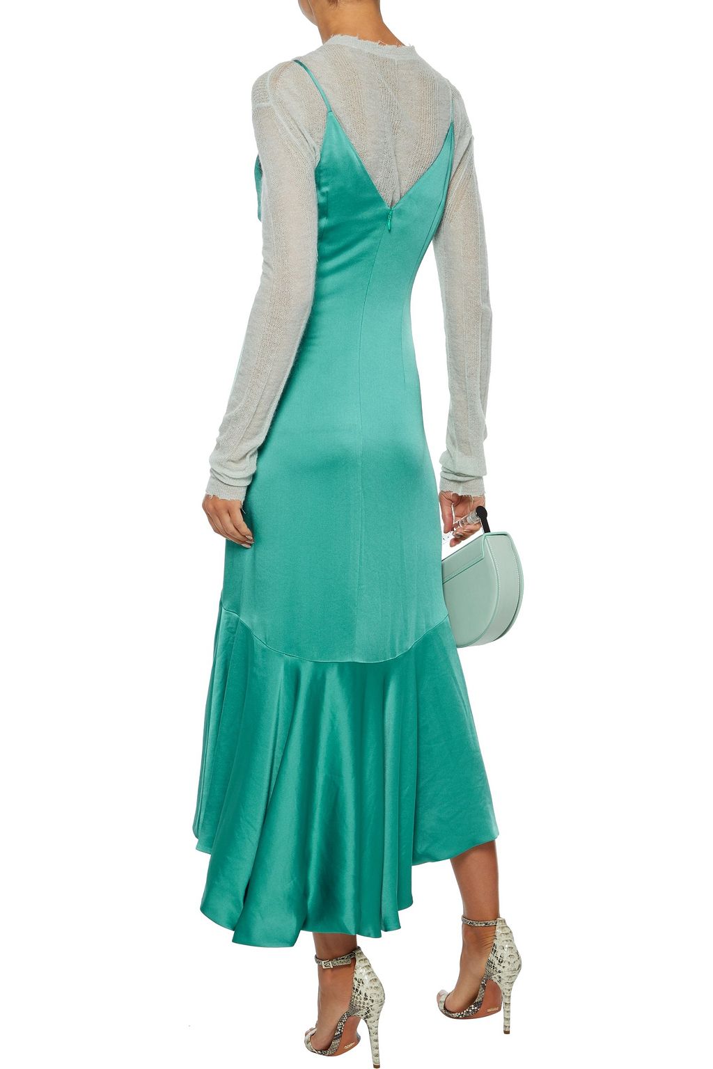 SIMKHAI Ruched ruffled satin-crepe midi dress