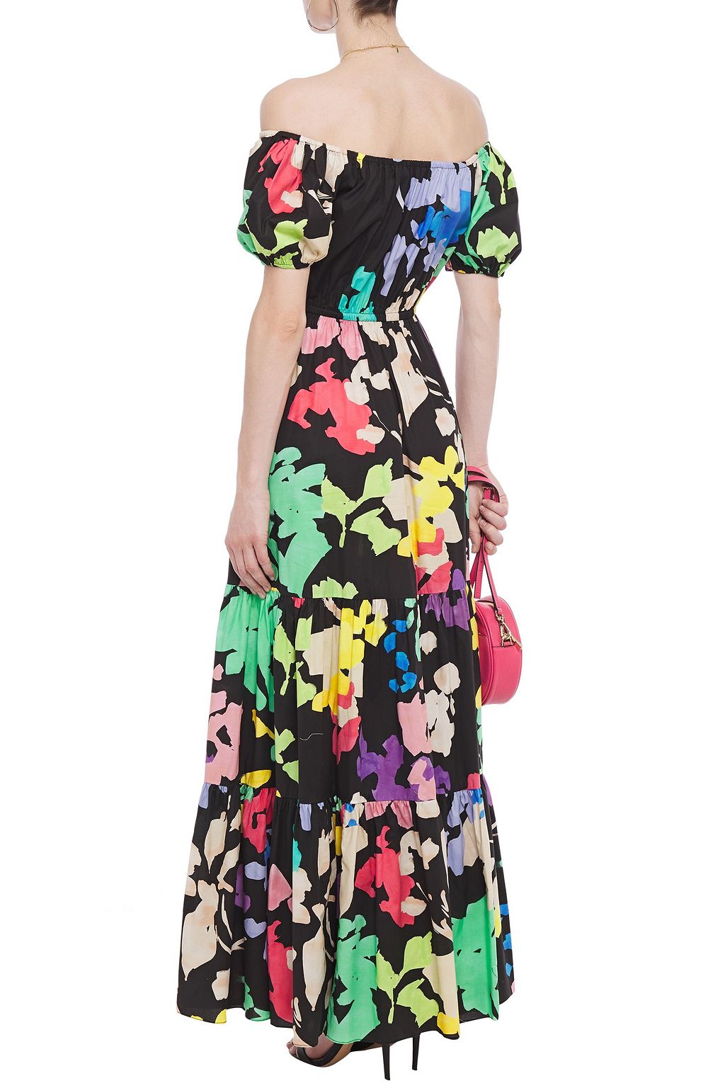 CAROLINE CONSTAS Bardot off-the-shoulder printed stretch-cotton poplin maxi dress