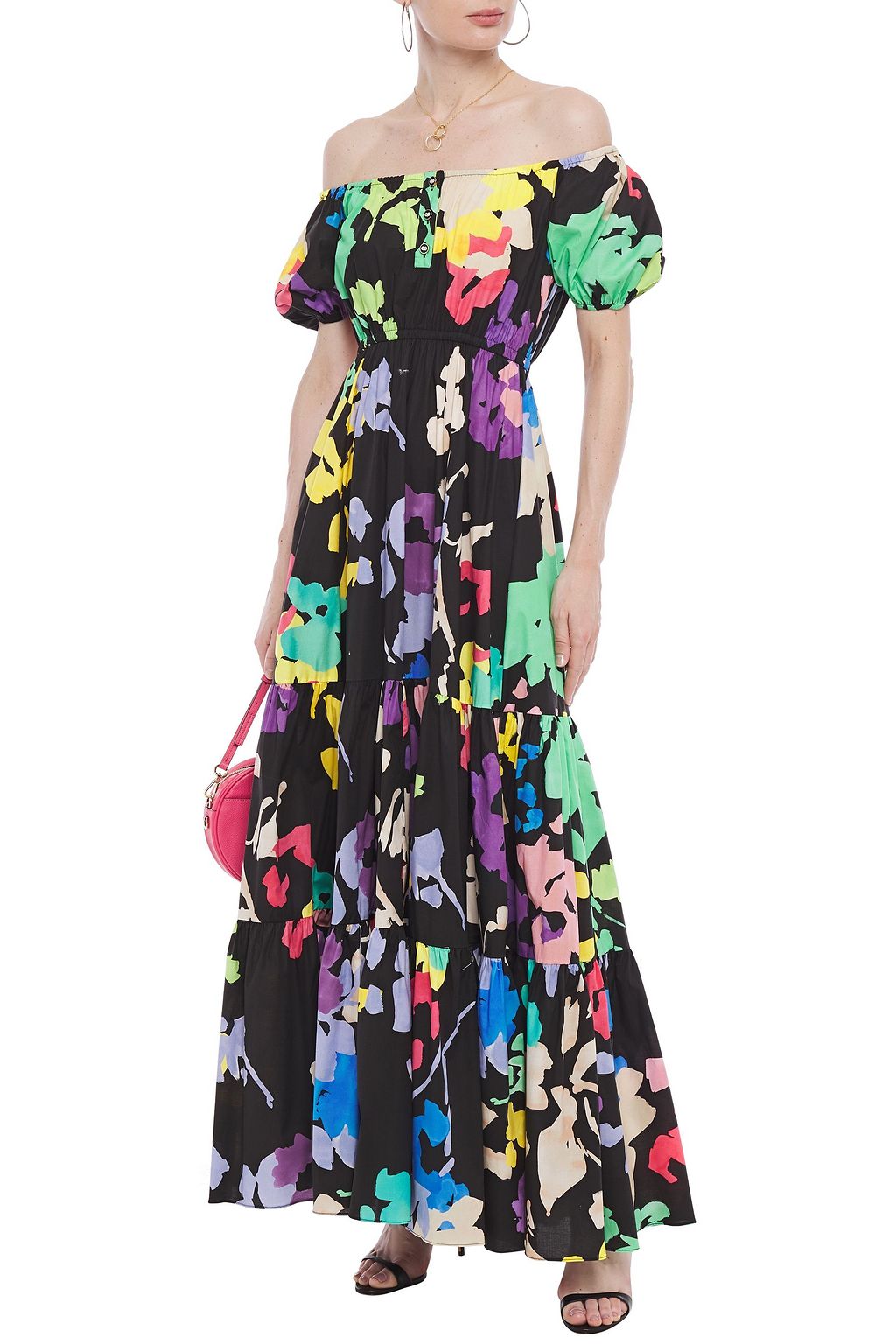 CAROLINE CONSTAS Bardot off-the-shoulder printed stretch-cotton poplin maxi dress