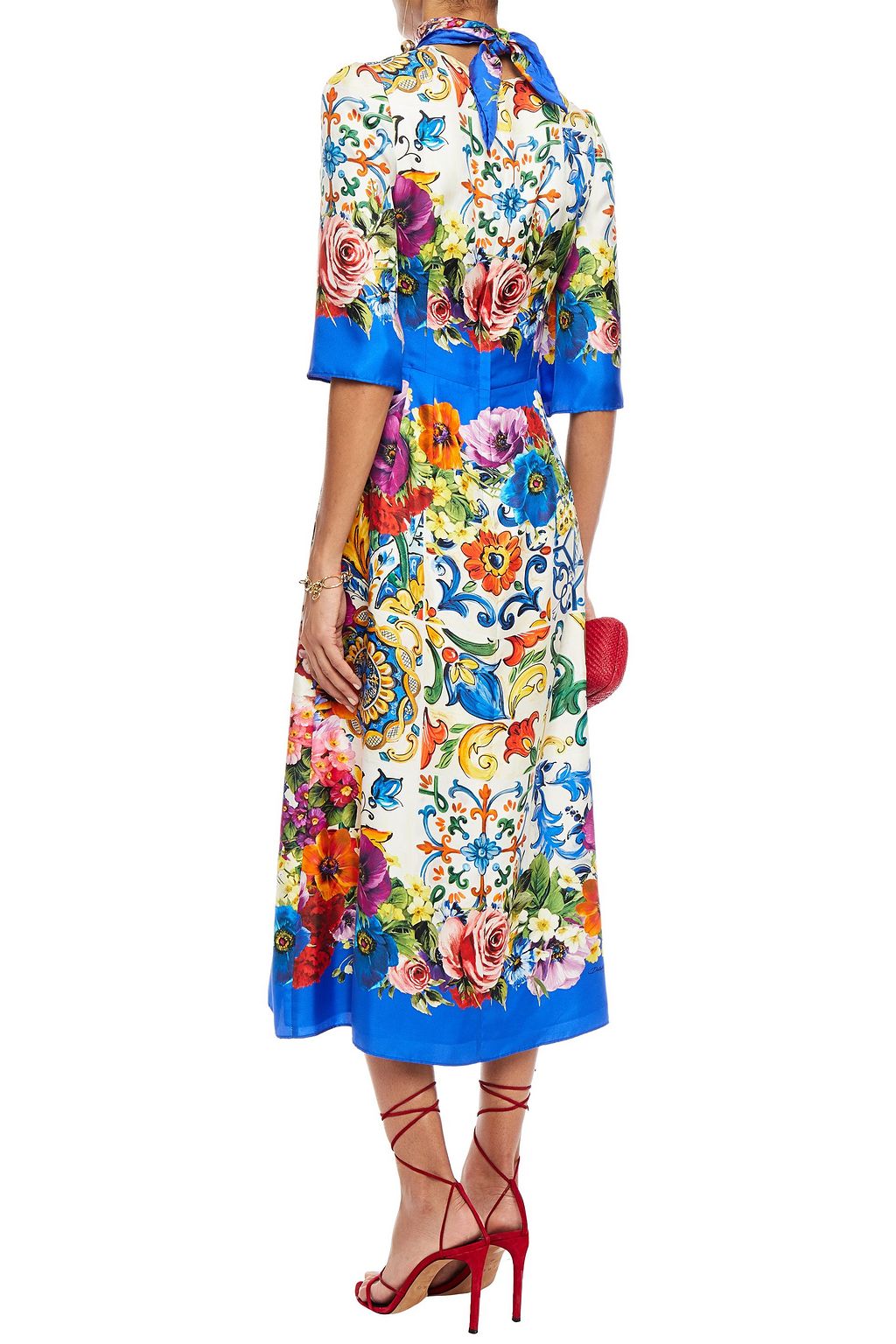 DOLCE&GABBANA Tie-neck printed silk-twill midi dress