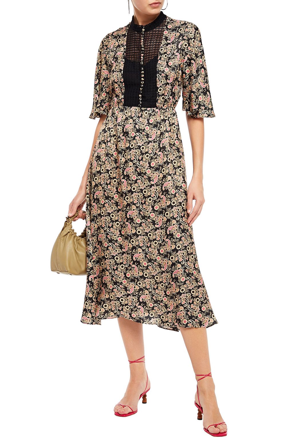 SANDRO Daina lace-trimmed satin-jacquard midi dress