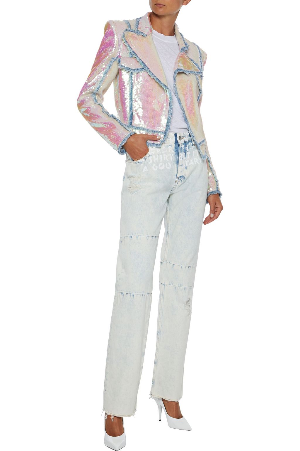 BALMAIN Frayed iridescent sequined ponte jacket