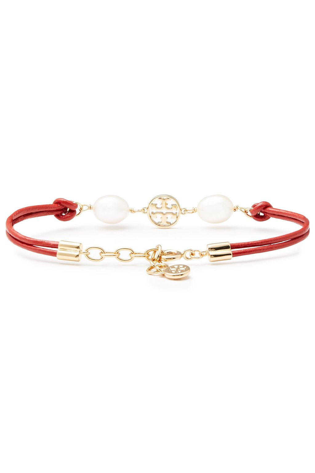 TORY BURCH Gold-tone, moonstone, pearl and leather bracelet