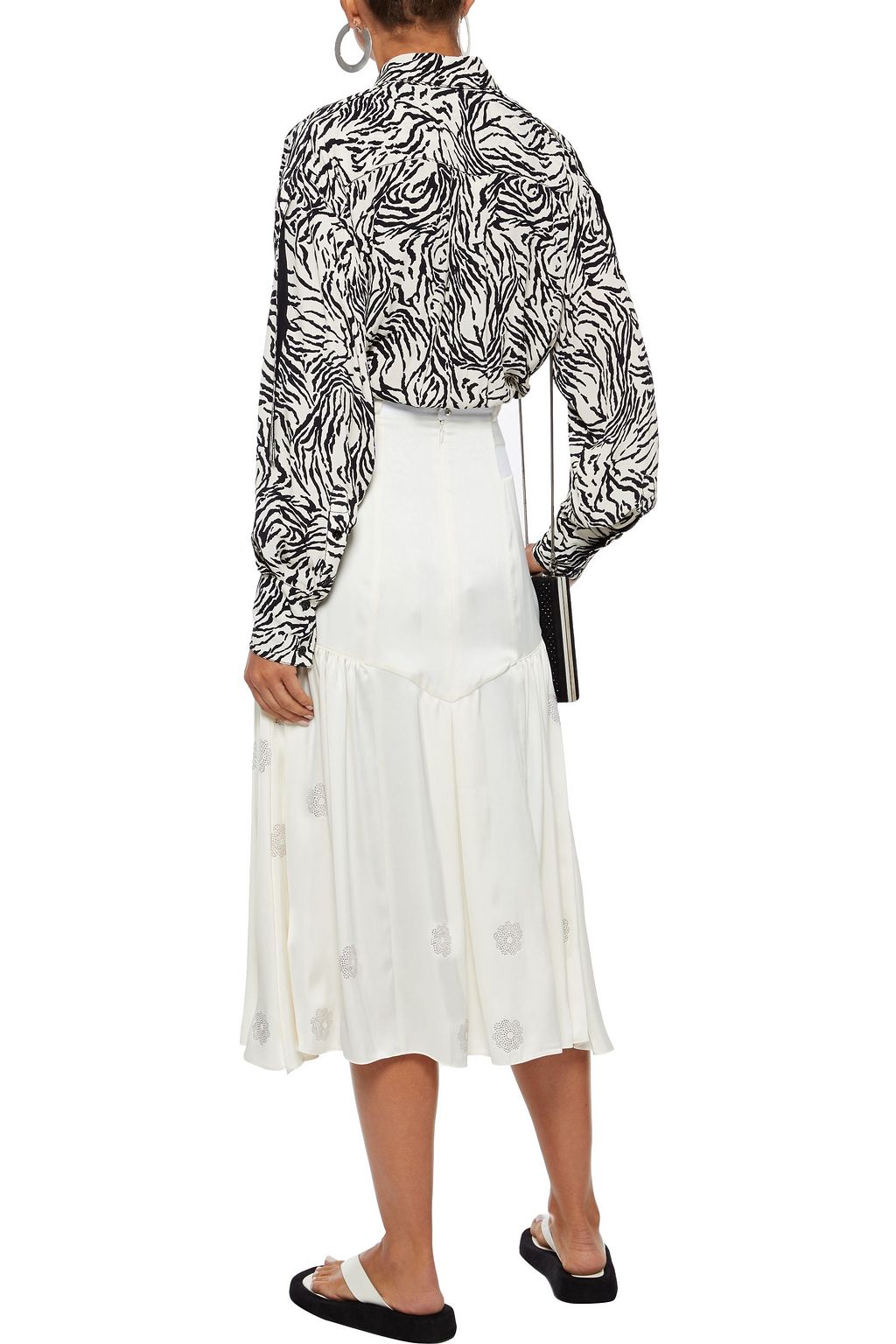 RABANNE Paneled crystal-embellished satin midi skirt