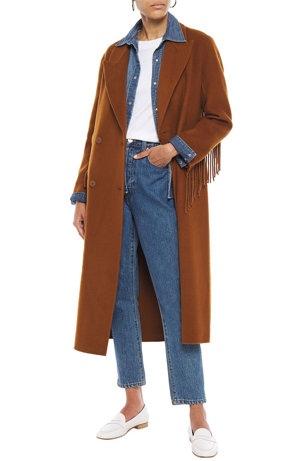 SANDRO Hazeen double-breasted fringe-trimmed wool-blend felt coat