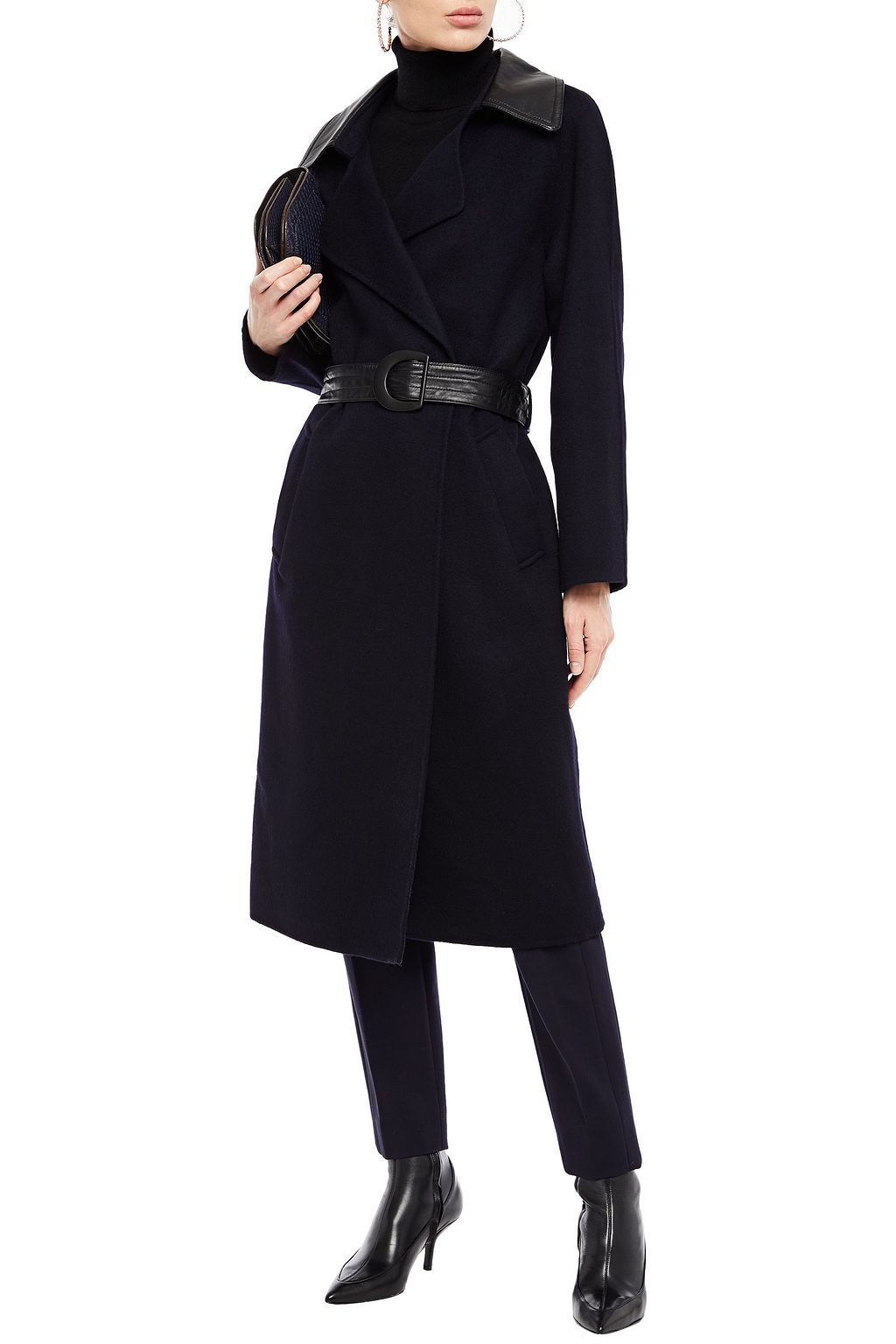 SANDRO Linna belted leather-trimmed wool-blend felt coat