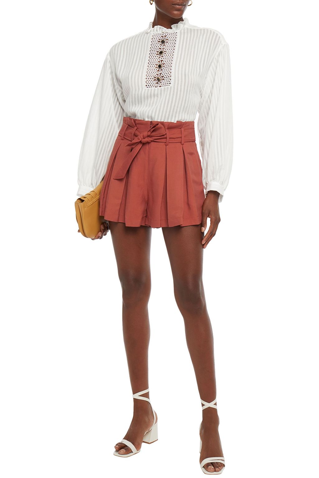 SANDRO Eddi belted pleated slub twill shorts