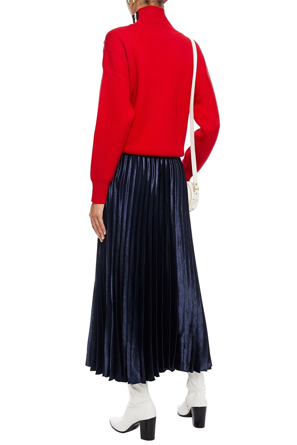 SANDRO Yoona belted pleated metallic satin midi skirt