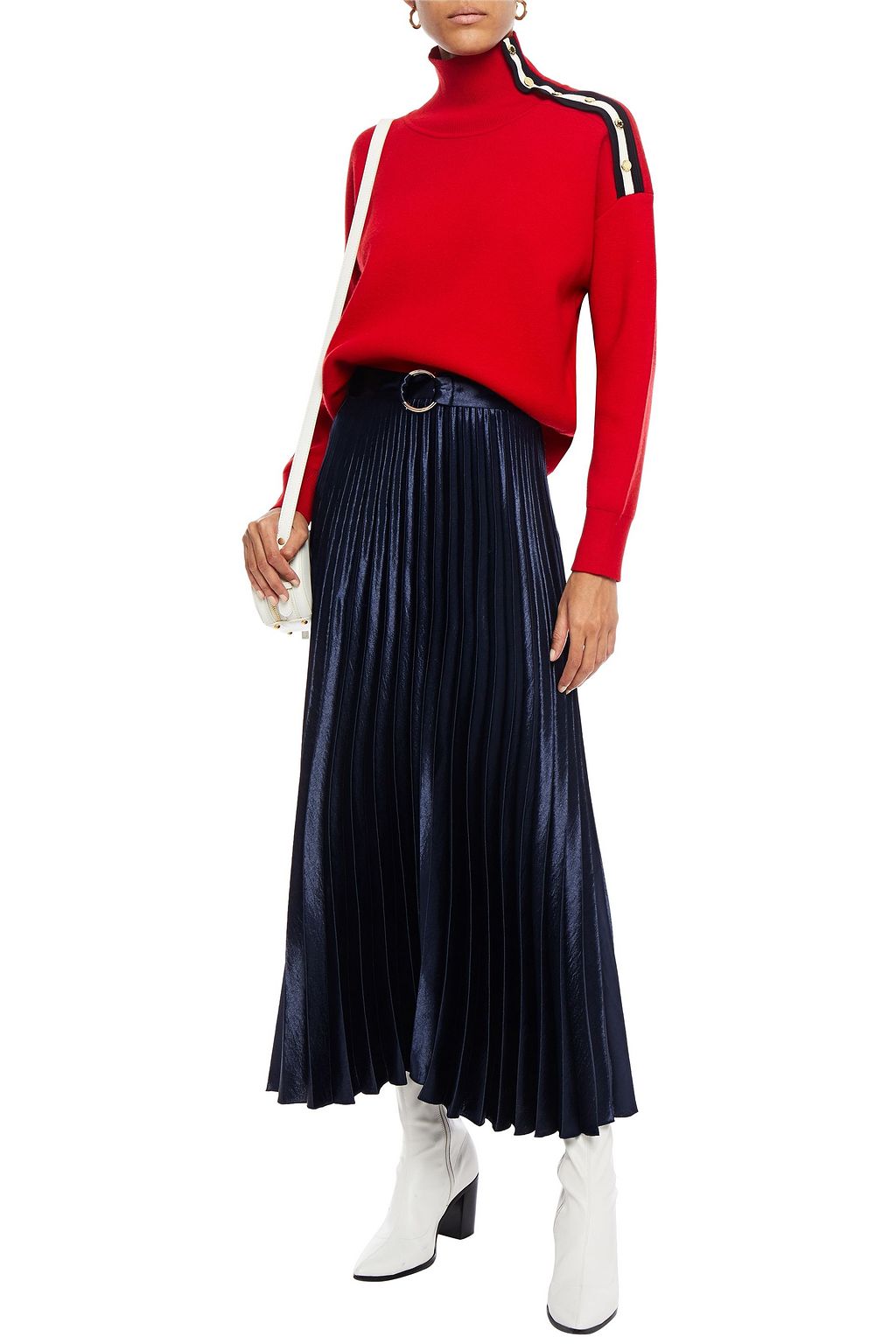 SANDRO Yoona belted pleated metallic satin midi skirt