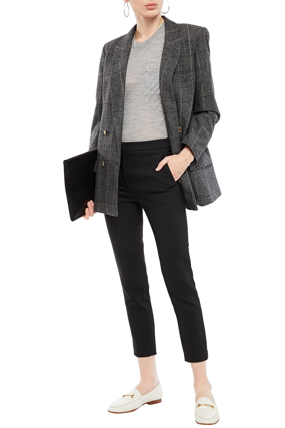 Sandro Voyou Cropped Velvet-trimmed Twill Slim-leg Pants In Black
