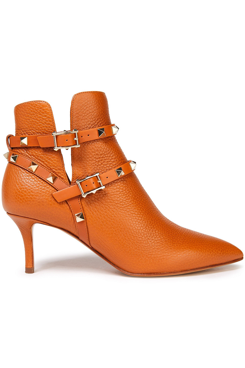 Valentino Garavani Woman Rockstud Buckled Pebbled-leather Ankle Boots Orange Size 35.5
