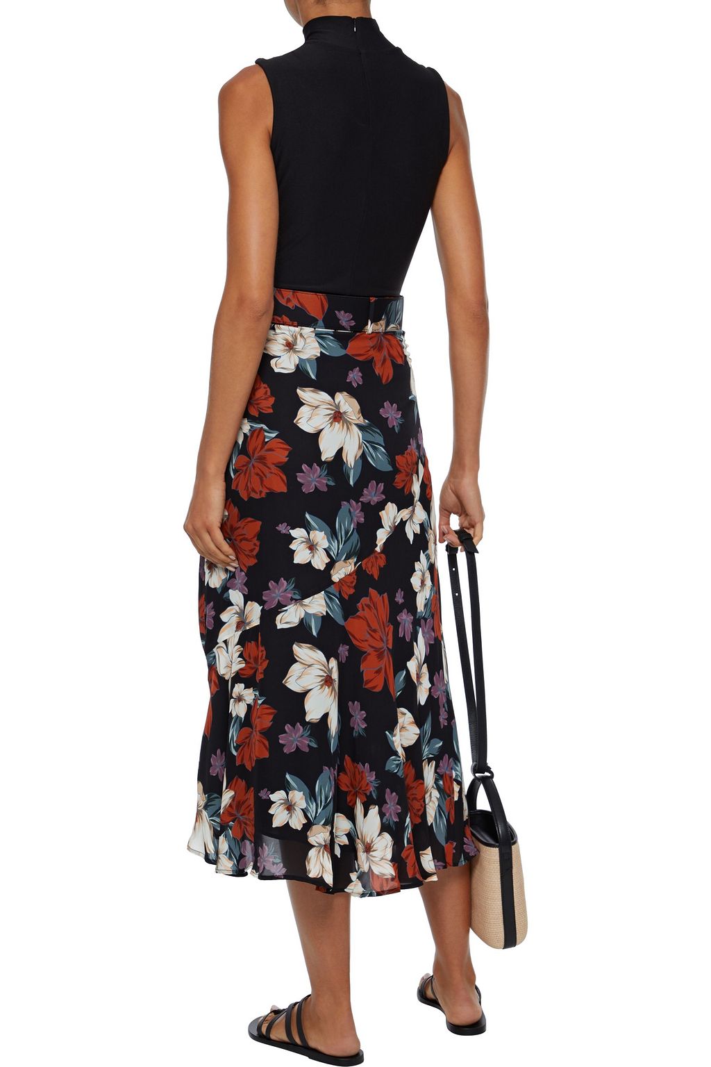 NICHOLAS Belted ruched printed silk crepe de chine midi skirt