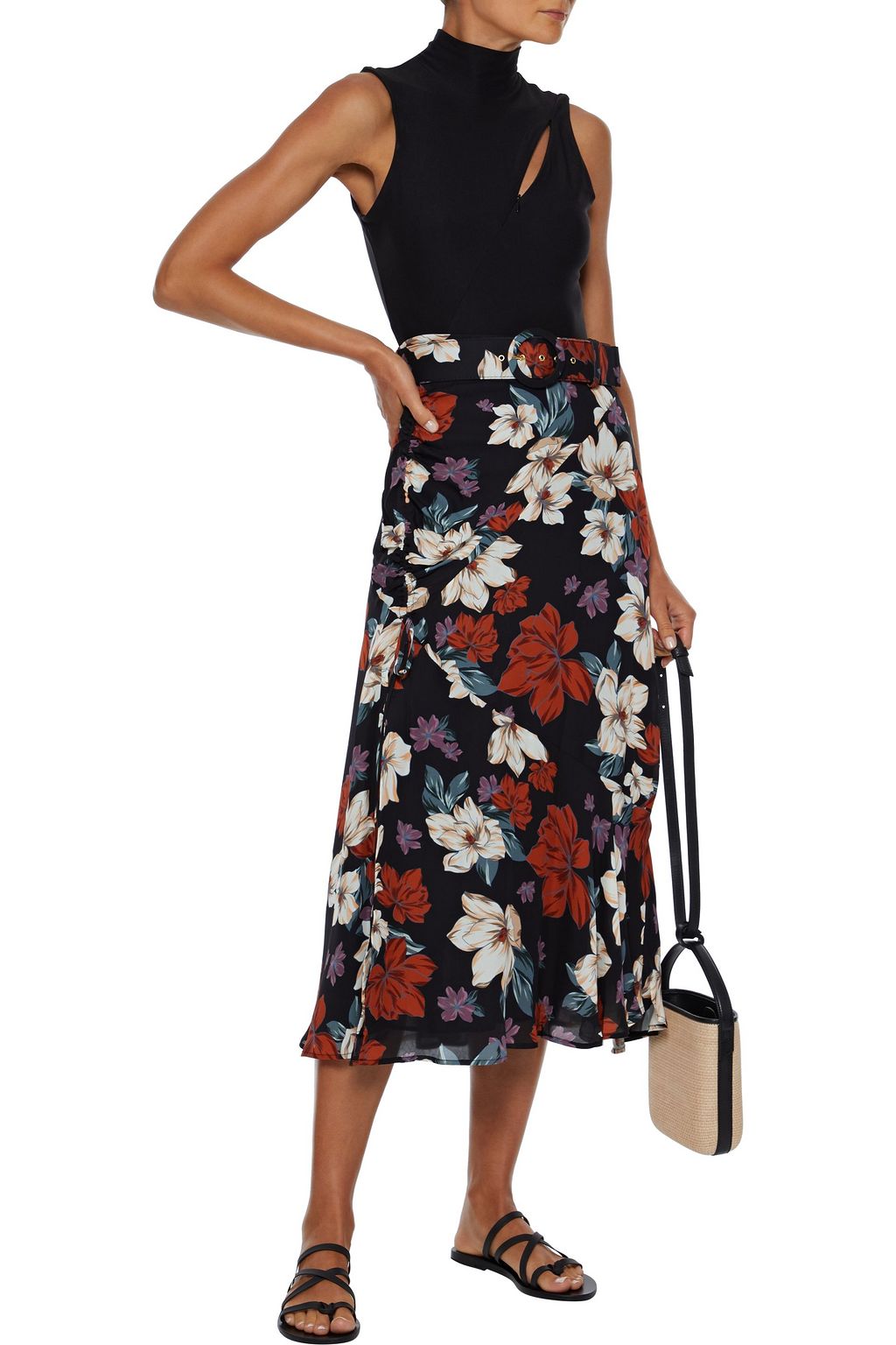 NICHOLAS Belted ruched printed silk crepe de chine midi skirt