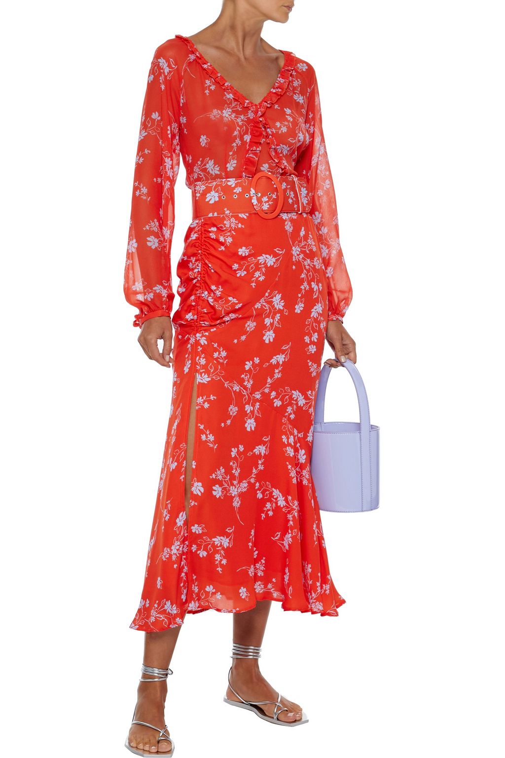 NICHOLAS Belted ruched printed silk crepe de chine midi skirt