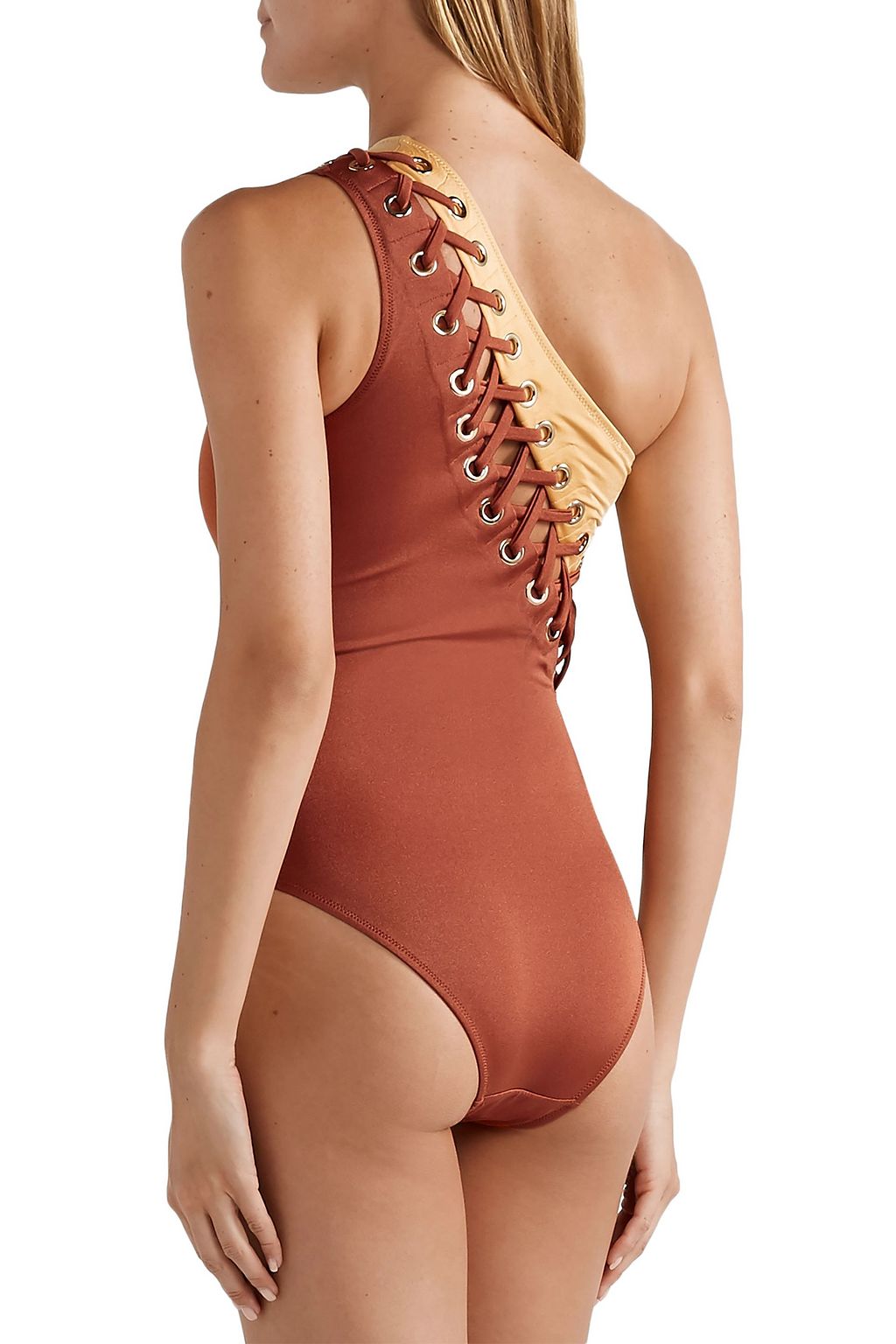 OYE SWIMWEAR Charlotte lace-up two-tone one-shoulder swimsuit