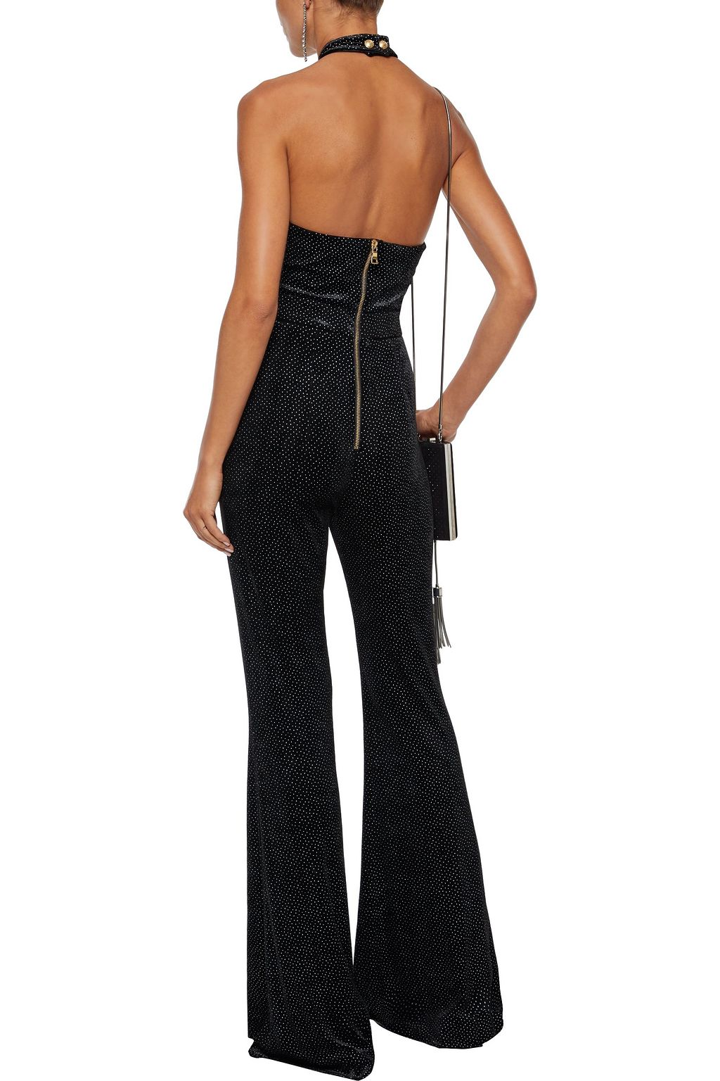 BALMAIN Flared glittered velour halterneck jumpsuit