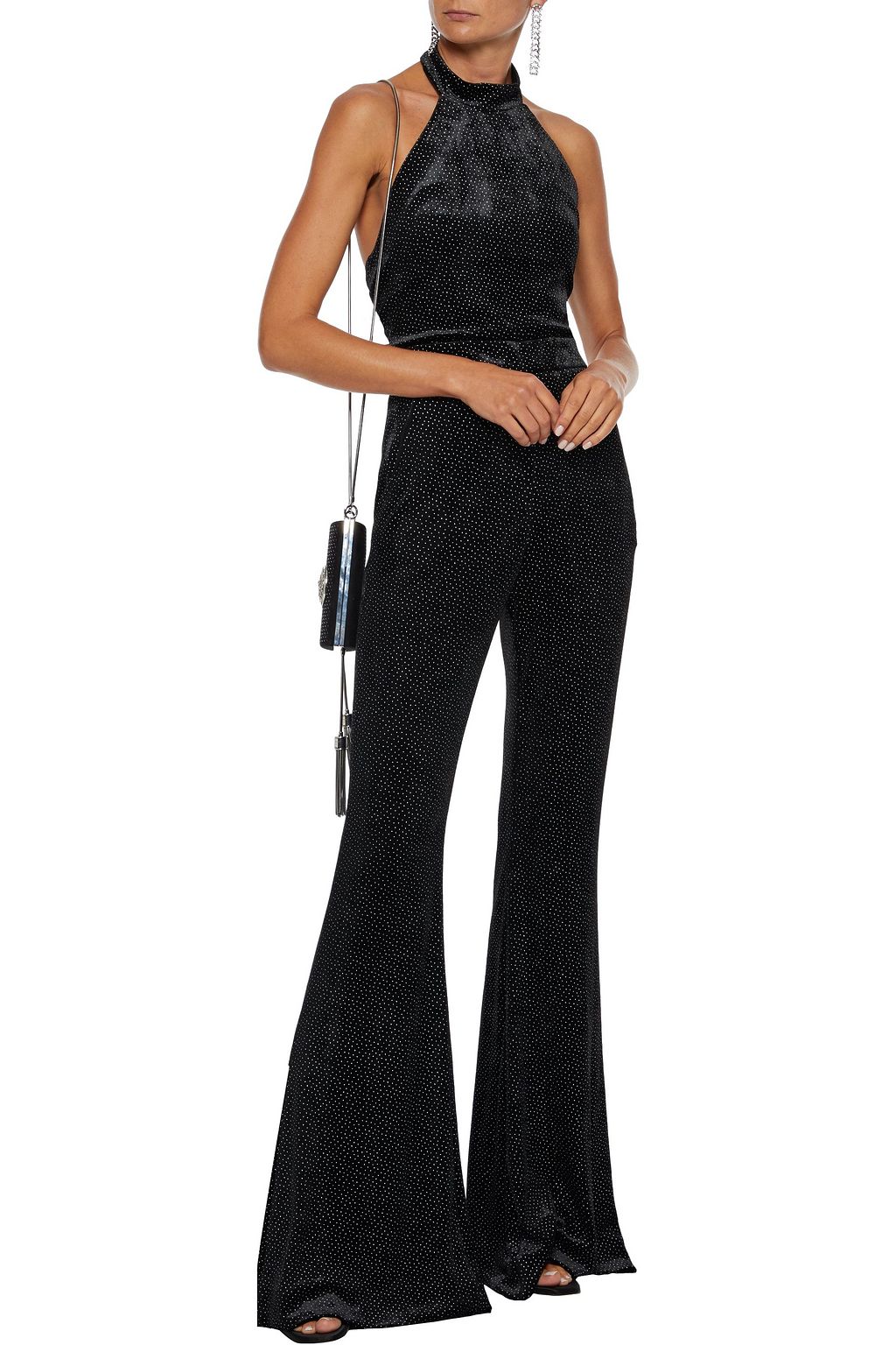 BALMAIN Flared glittered velour halterneck jumpsuit