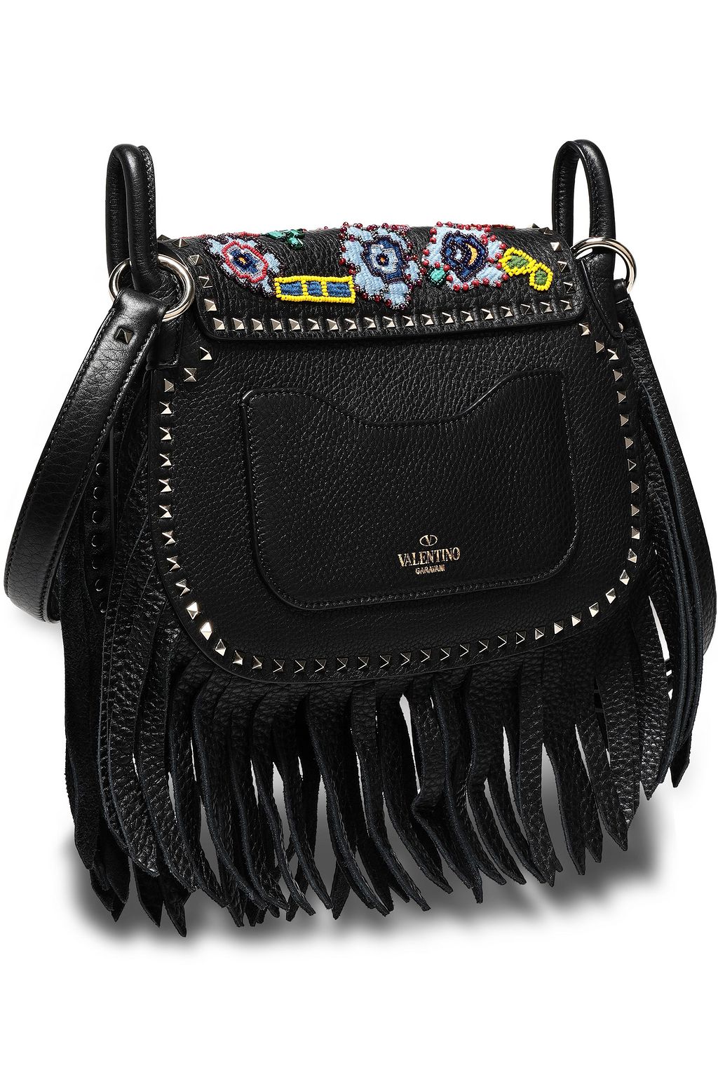 VALENTINO GARAVANI Fringe-trimmed embellished textured-leather shoulder bag