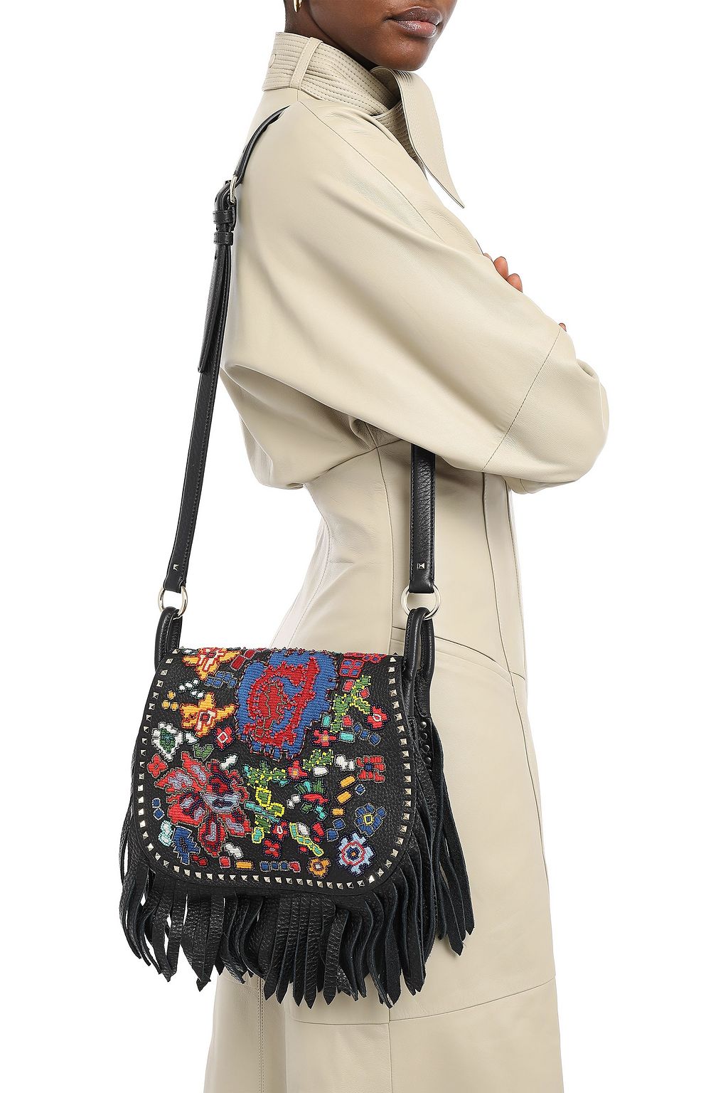 VALENTINO GARAVANI Fringe-trimmed embellished textured-leather shoulder bag