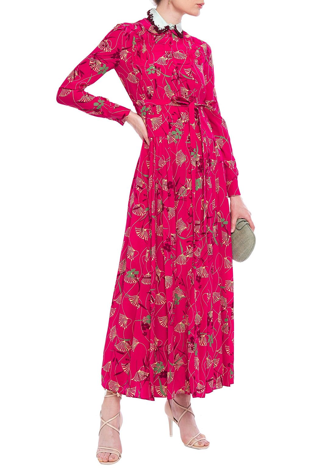 VALENTINO GARAVANI Satin-trimmed pintucked floral-print silk crepe de chine maxi dress