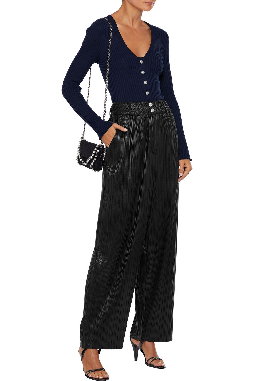 BALMAIN Coated plissé-jersey wide-leg pants