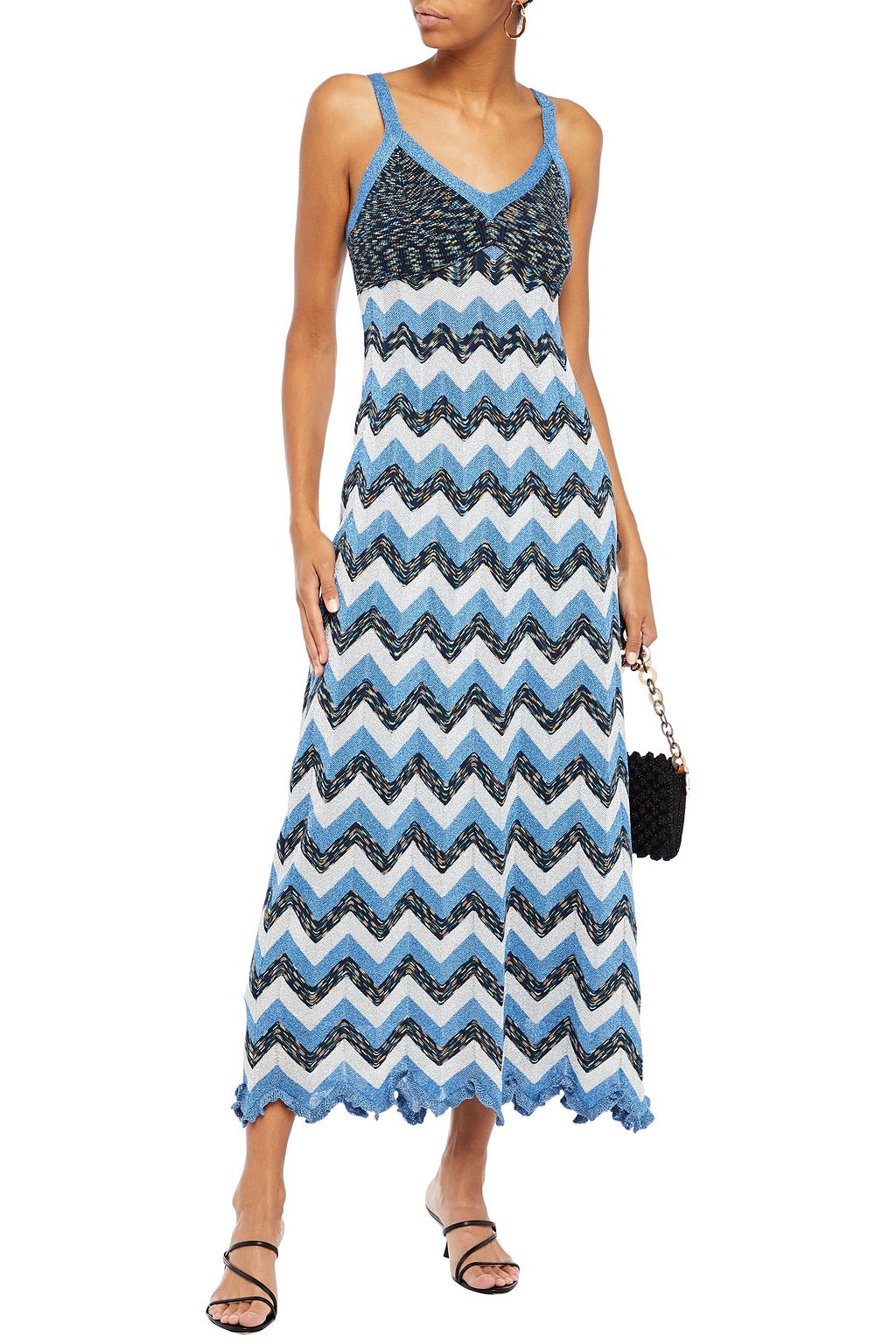 M MISSONI Ruffle-trimmed metallic crochet-knit maxi dress