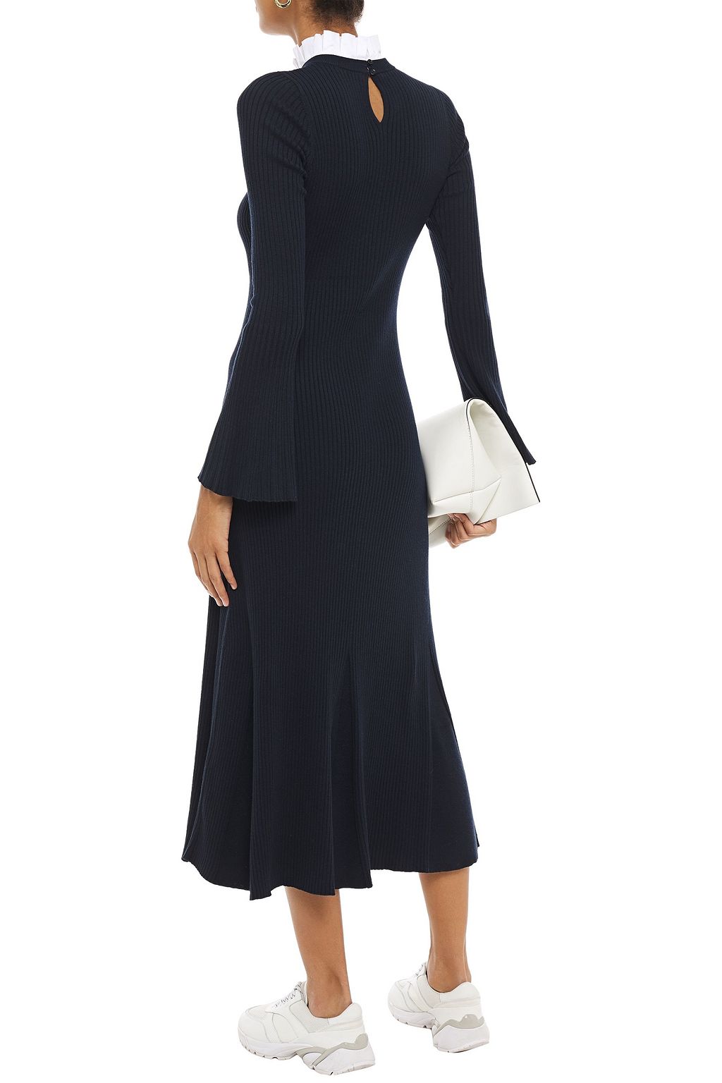 SANDRO Cotton poplin-trimmed fluted ribbed-knit midi dress