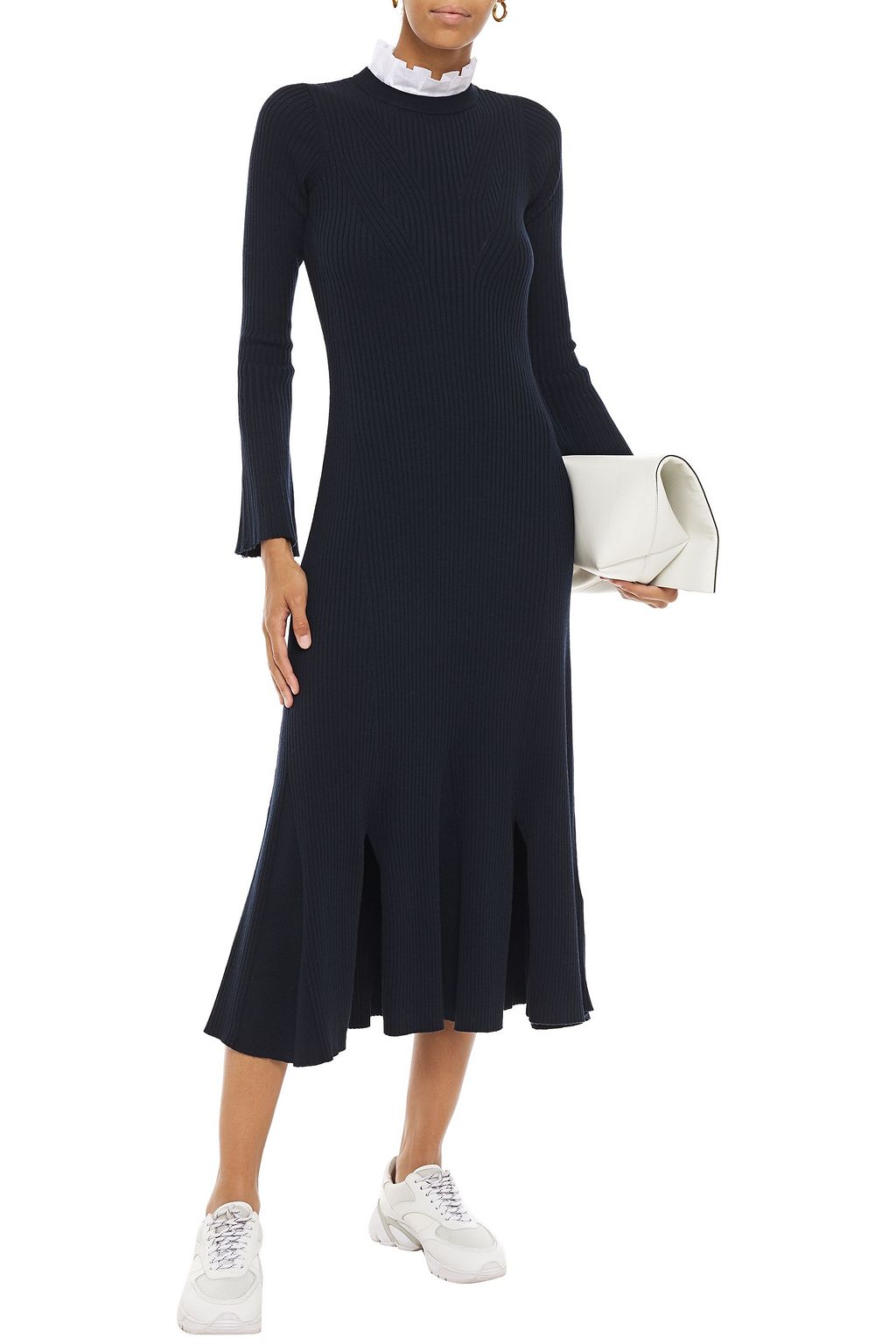 SANDRO Cotton poplin-trimmed fluted ribbed-knit midi dress
