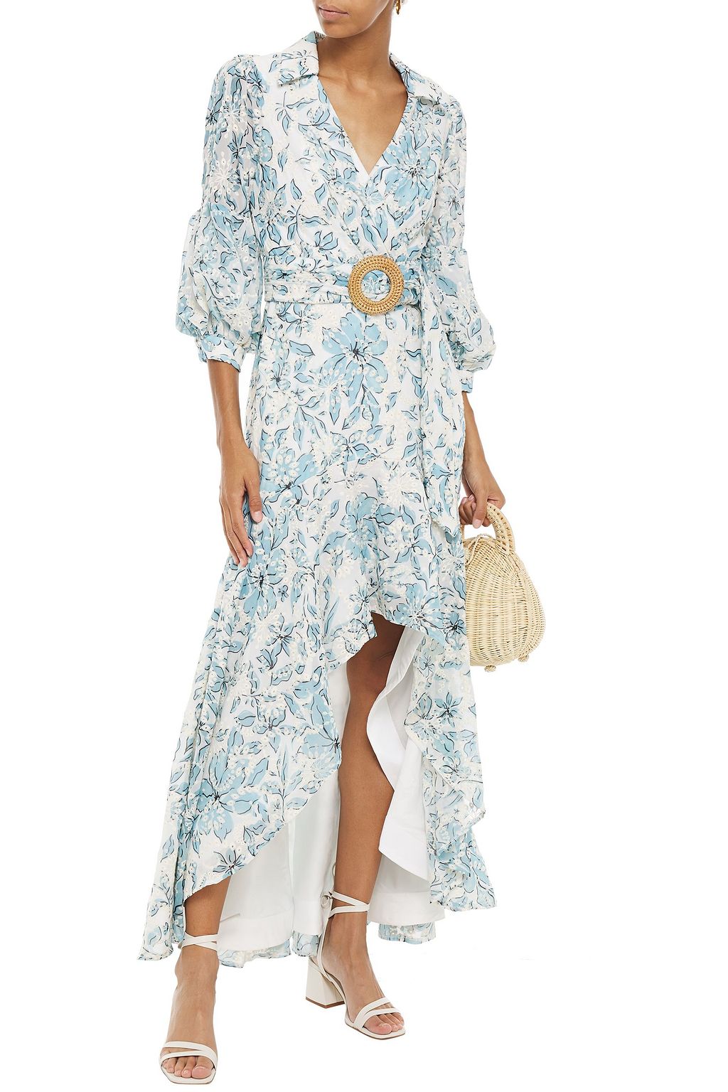 BADGLEY MISCHKA Asymmetric embroidered floral-print georgette dress