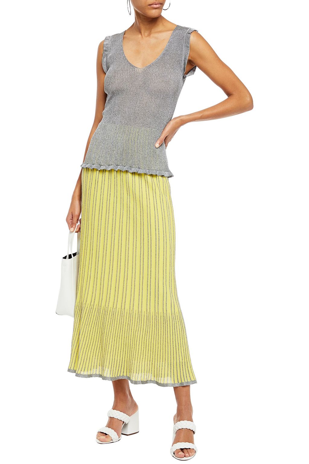 M MISSONI Metallic striped crochet-knit cotton-blend midi skirt