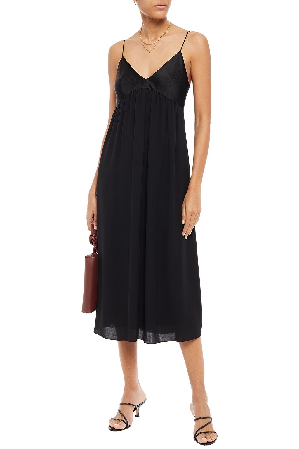 THEORY Shirred hammered-satin and silk-crepe midi dress | Sale up to 70 ...