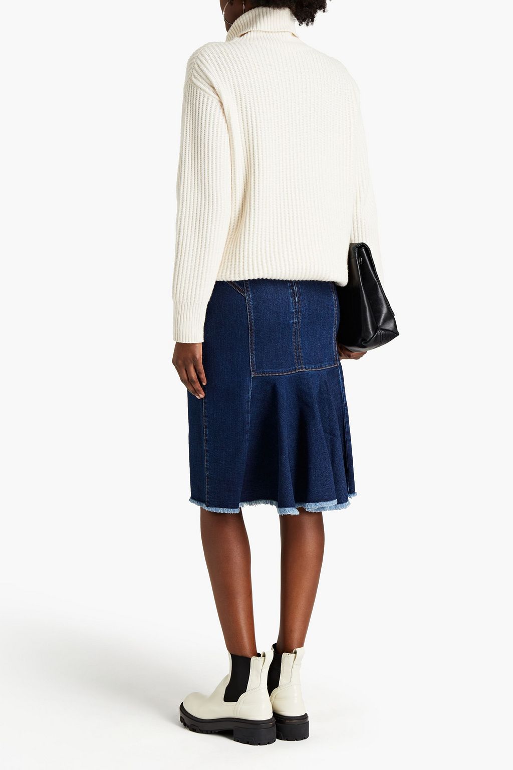 MCQUEEN Leather-trimmed frayed denim skirt