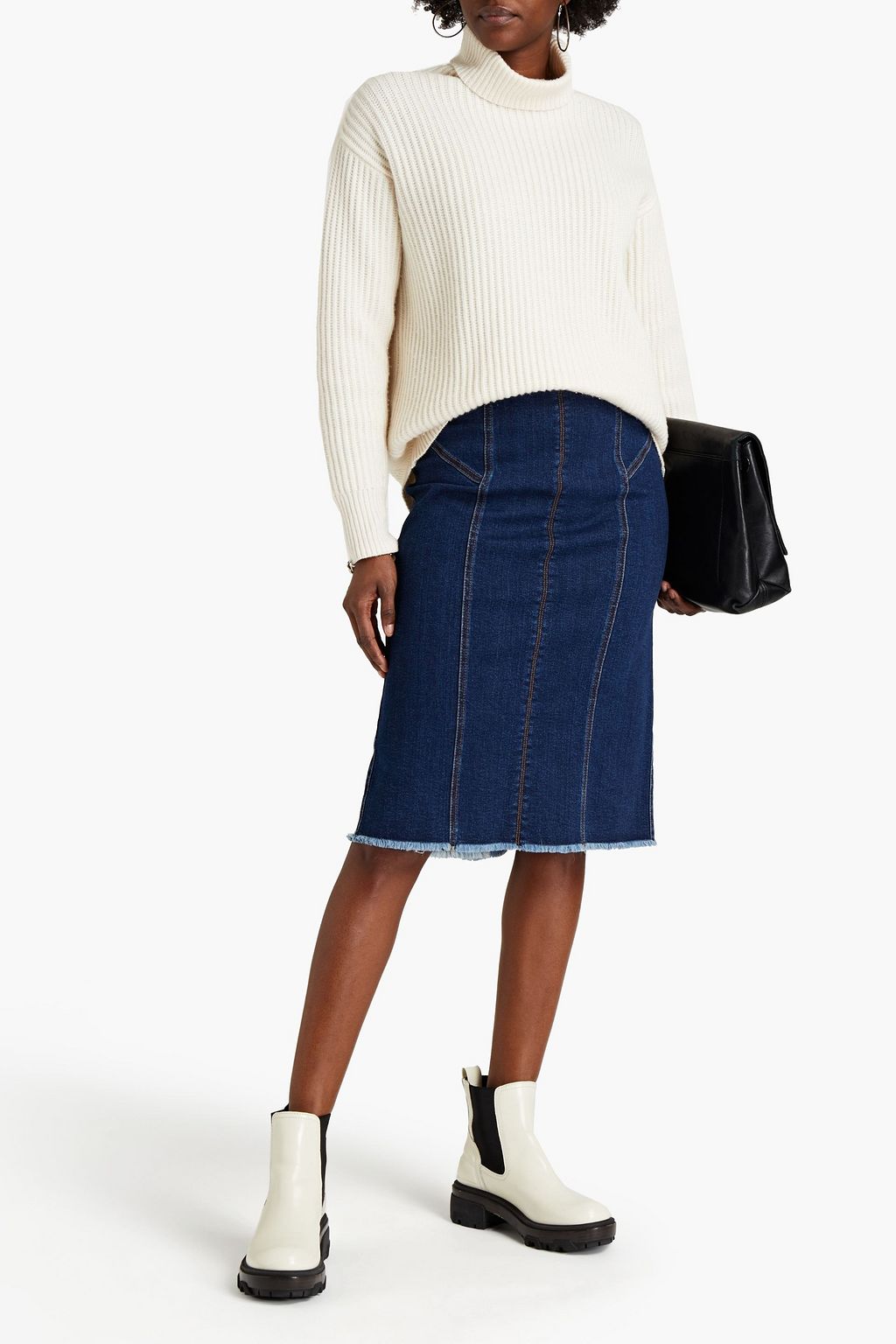 MCQUEEN Leather-trimmed frayed denim skirt
