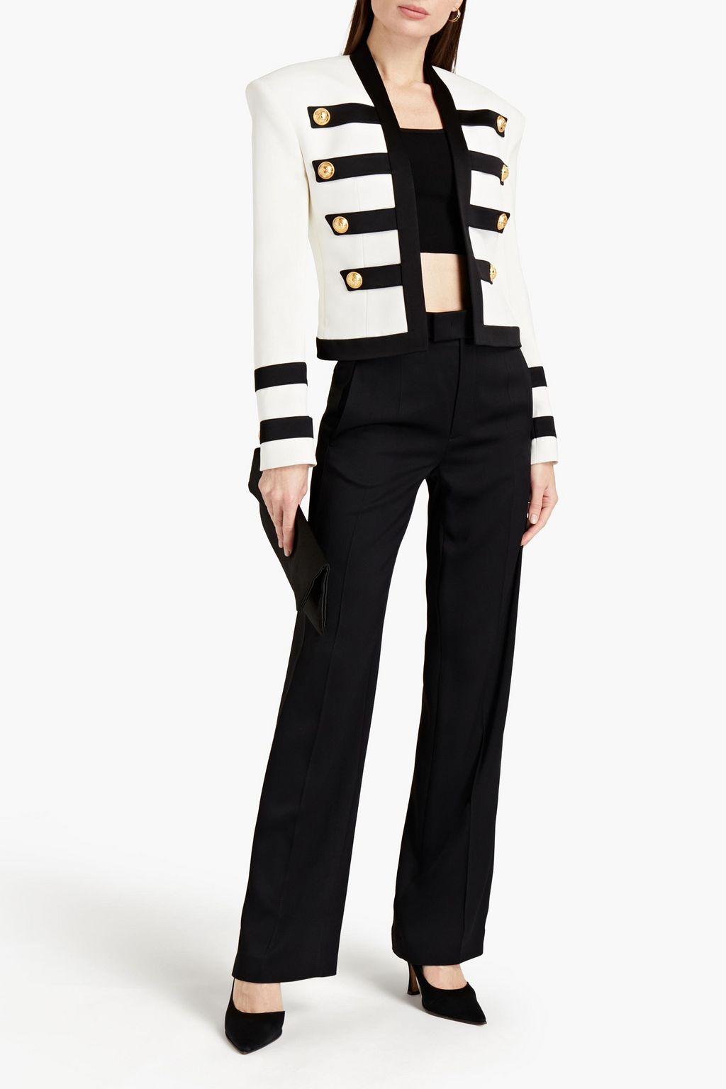 BALMAIN Satin-trimmed button-embellished two-tone crepe jacket
