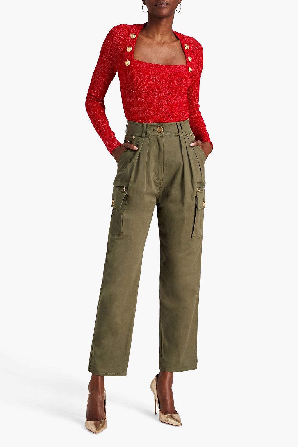 BALMAIN Cropped pleated cotton-blend twill cargo pants