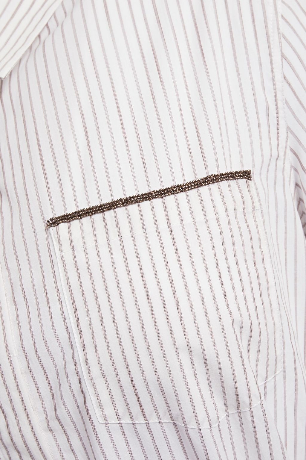 BRUNELLO CUCINELLI Belted bead-embellished striped cotton-poplin shirt