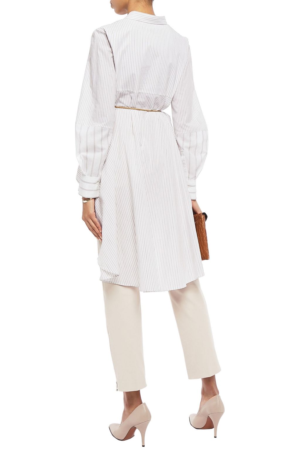 BRUNELLO CUCINELLI Belted bead-embellished striped cotton-poplin shirt