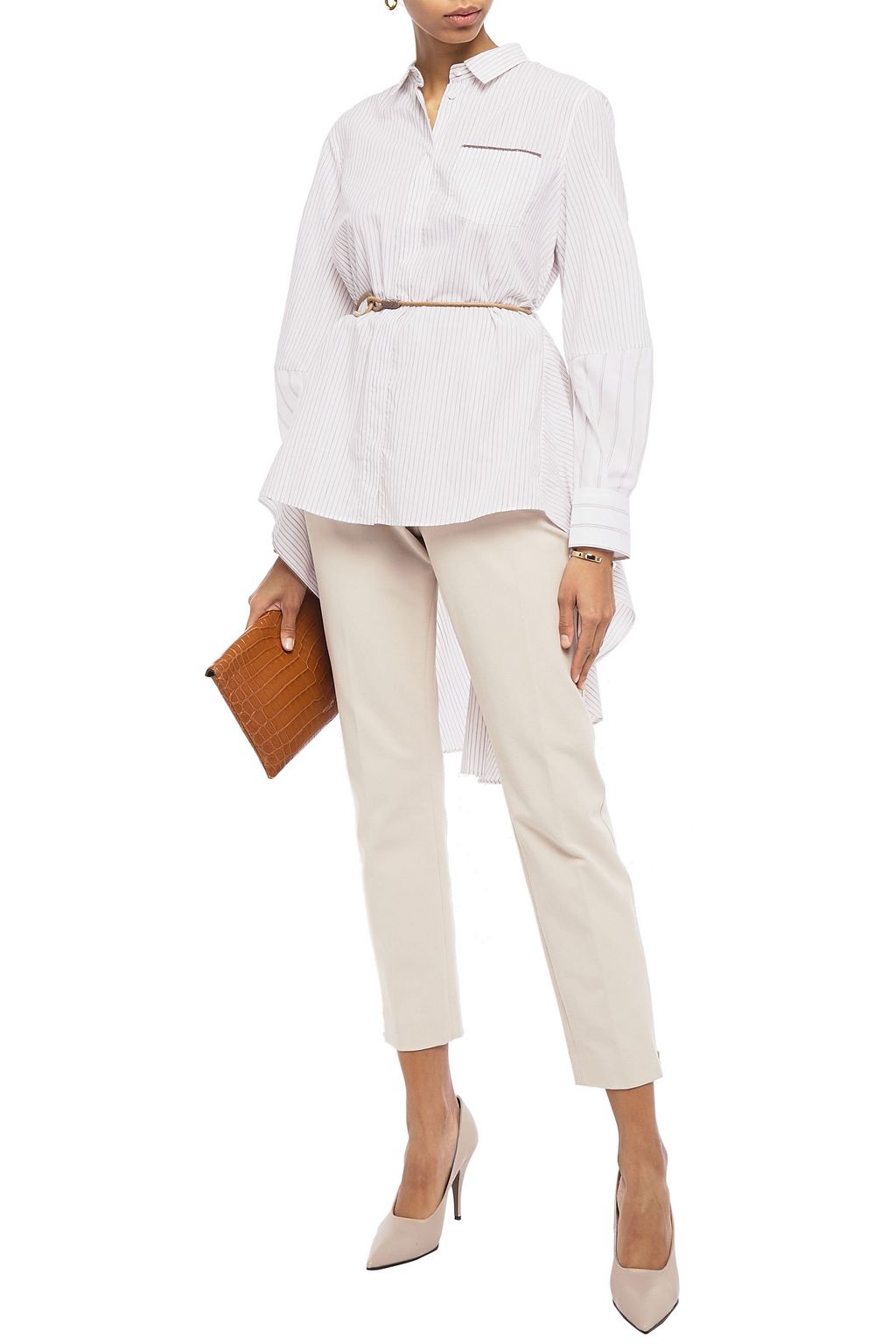 BRUNELLO CUCINELLI Belted bead-embellished striped cotton-poplin shirt