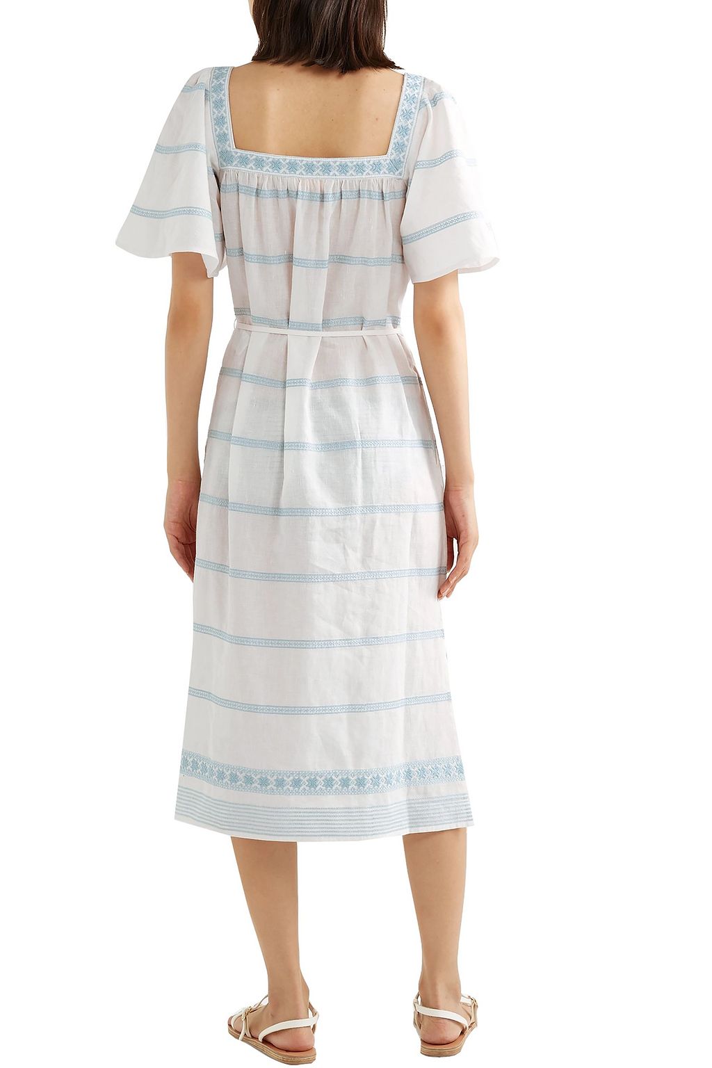 TORY BURCH Belted embroidered linen and cotton-blend gauze midi dress