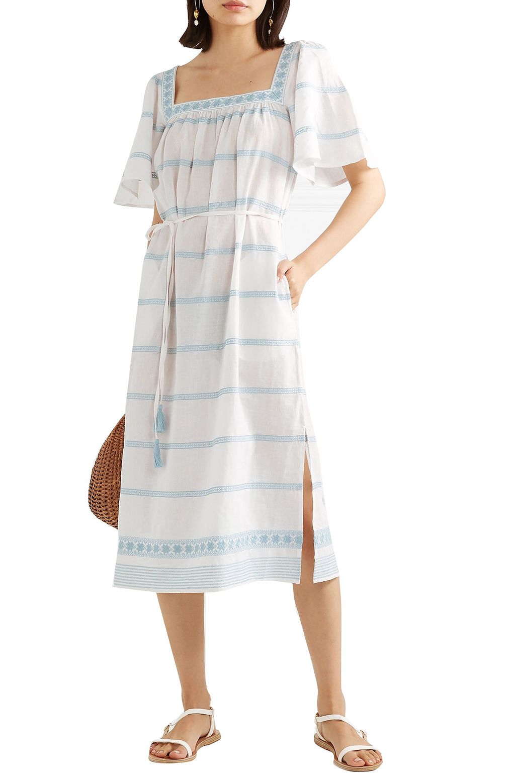 TORY BURCH Belted embroidered linen and cotton-blend gauze midi dress