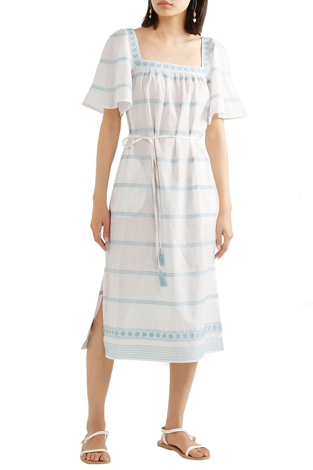 TORY BURCH Belted embroidered linen and cotton-blend gauze midi dress