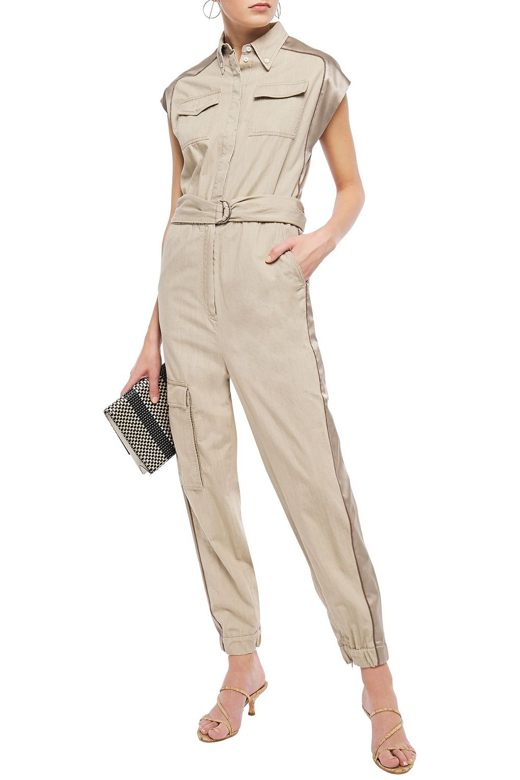 BRUNELLO CUCINELLI Satin-trimmed bead-embellished cotton jumpsuit