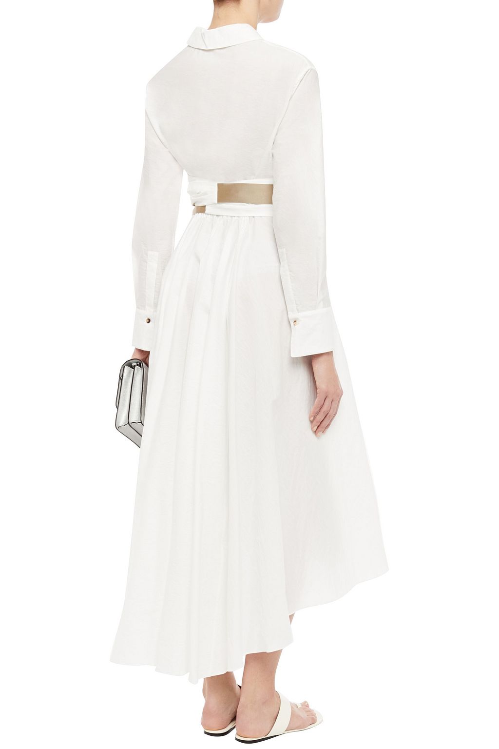 BRUNELLO CUCINELLI Belted bead-embellished crinkled cotton-blend poplin midi dress