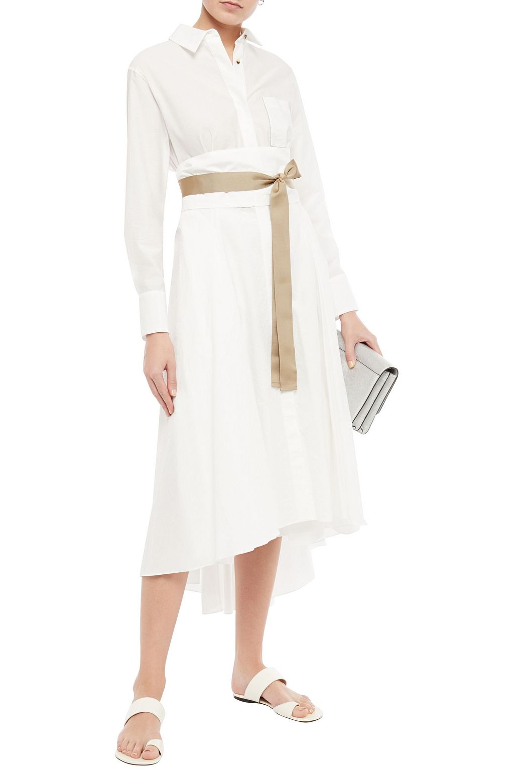 BRUNELLO CUCINELLI Belted bead-embellished crinkled cotton-blend poplin midi dress