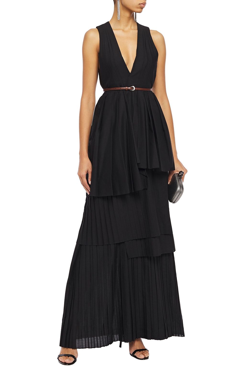 Black Layered belted pleated mousseline maxi dress Sale up to 70 off