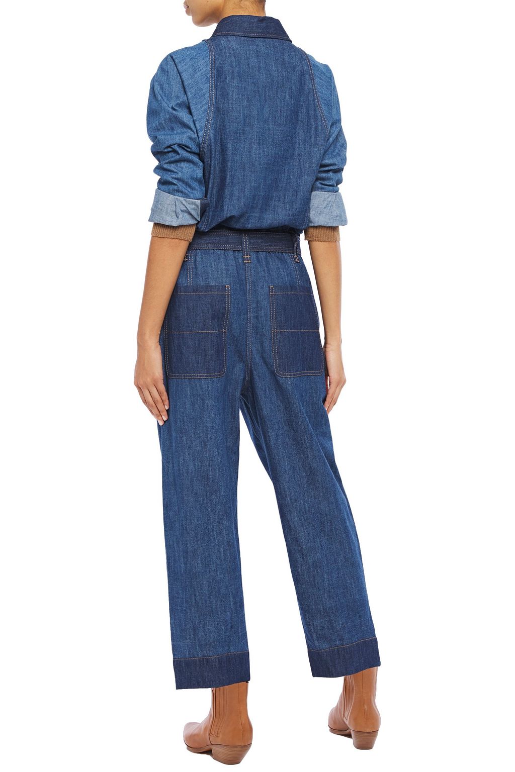 BRUNELLO CUCINELLI Cropped belted bead-embellished denim jumpsuit